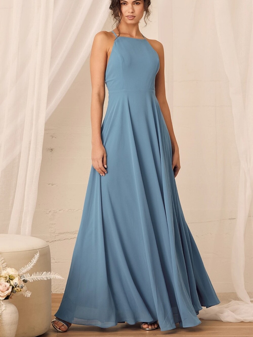 Lulus NWT Slate Blue Maxi Dress Size L Chiffon Flowing Long Gown Mythical